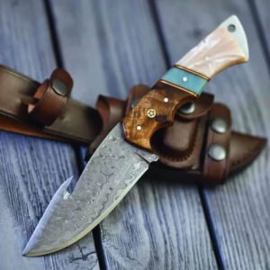 Damascus Gut Hook Hunting Knife Wood Resin Handle