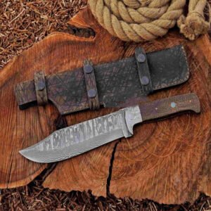 Stainless Damascus Hunting Knife with Leather Sheath